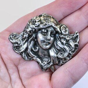 Art Nouveau Brooch, Goddess, Sterling Silver, 1920s, Gibson Girl, Antique